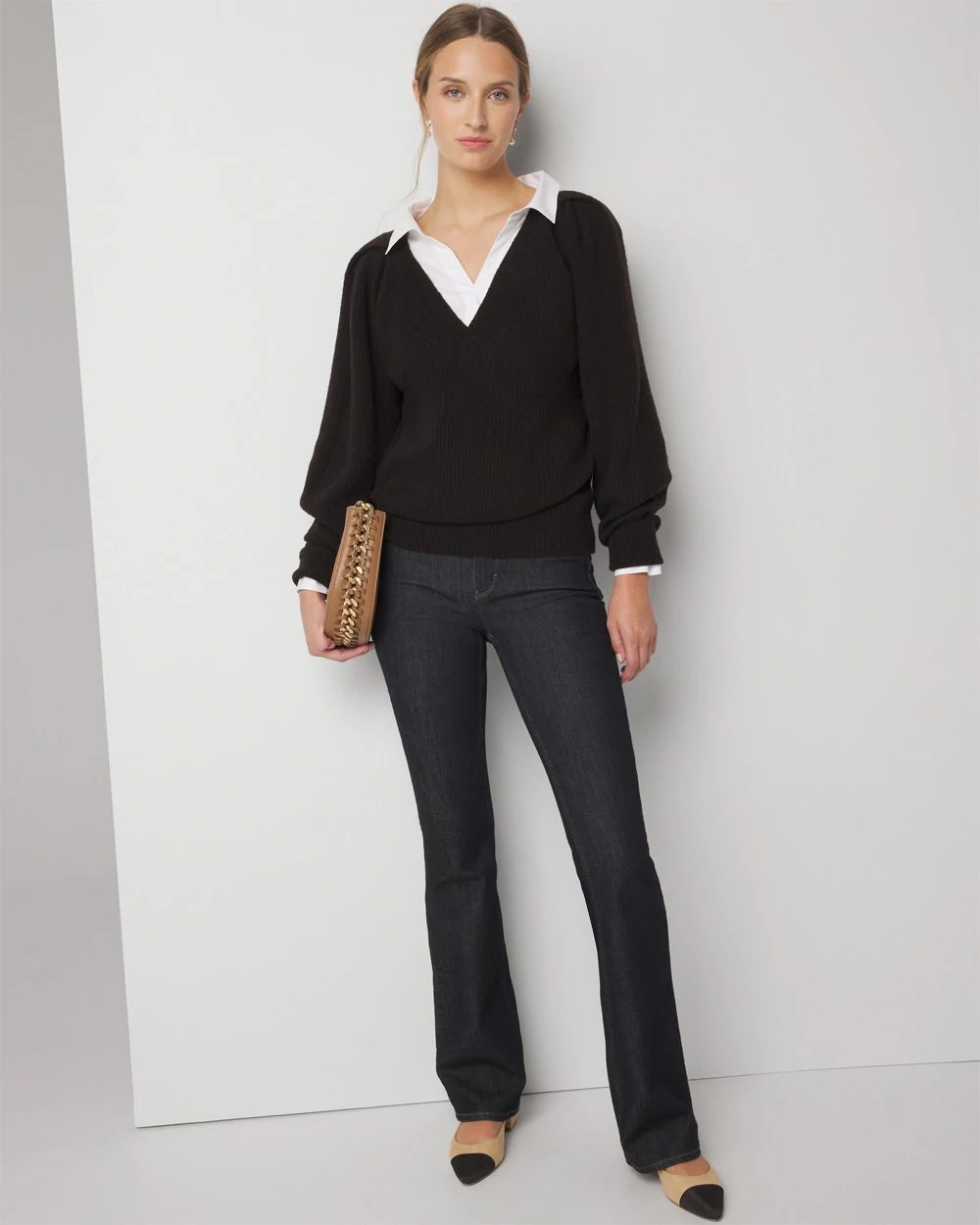 Petite Pleated Shoulder V-Neck Pull Over Sweater