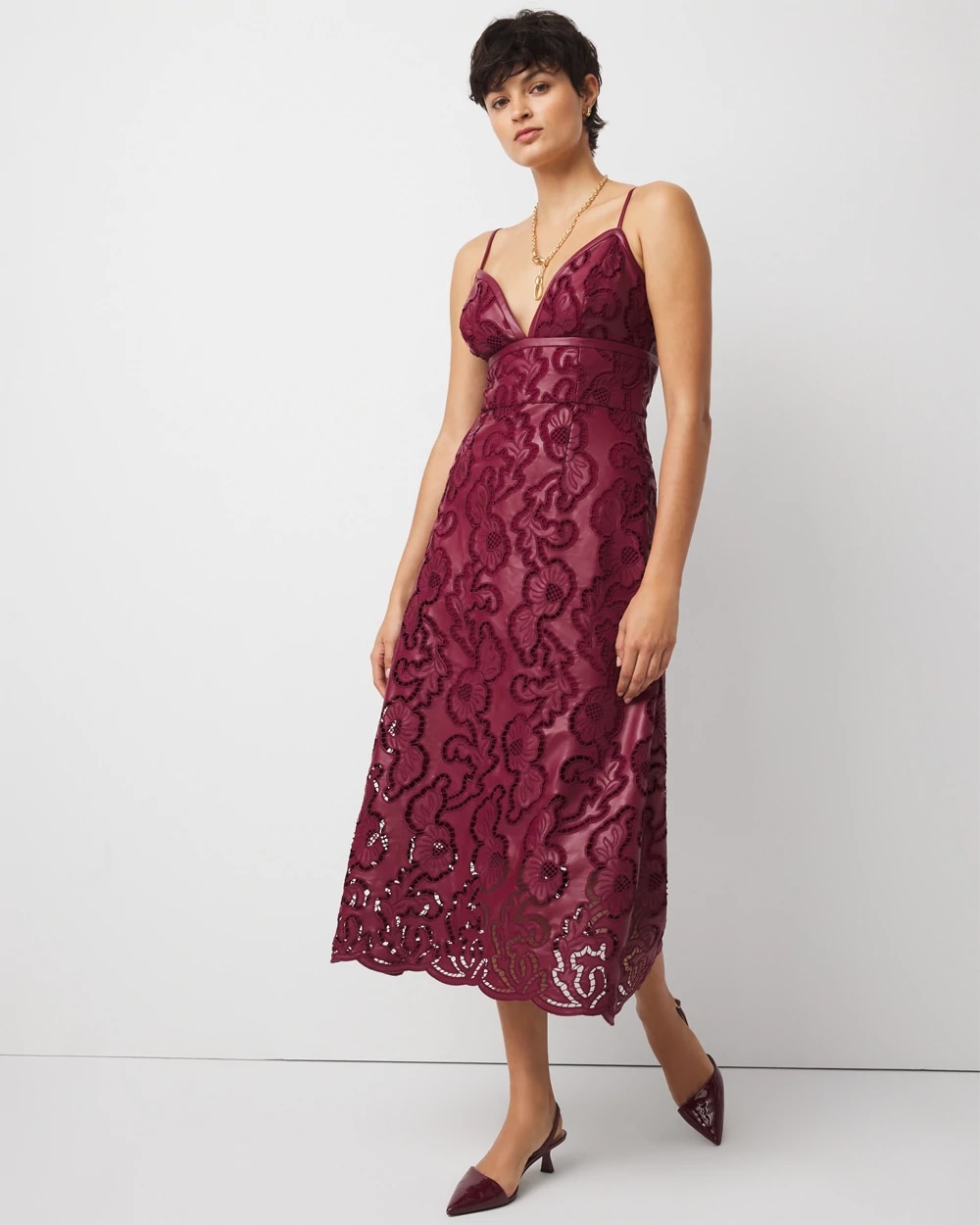 Women's Faux Leather Lace Midi Dress in Red size 0 | White House Black Market Women's Faux Leather Lace Midi Dress in Red size 0 | White House Black Market