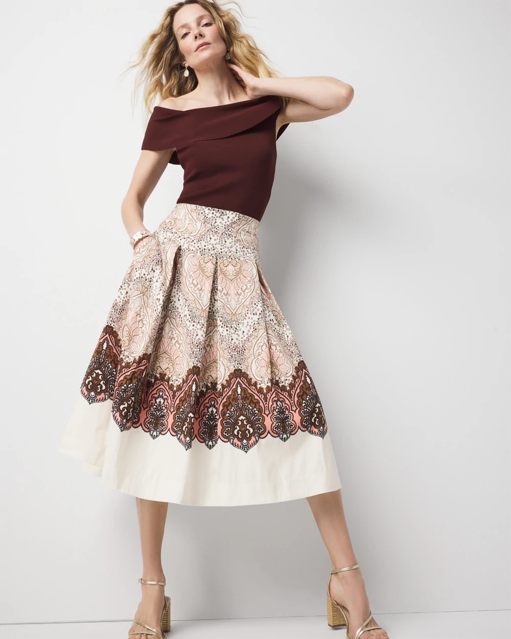 Petite Paisley Pleated A-Line Skirt