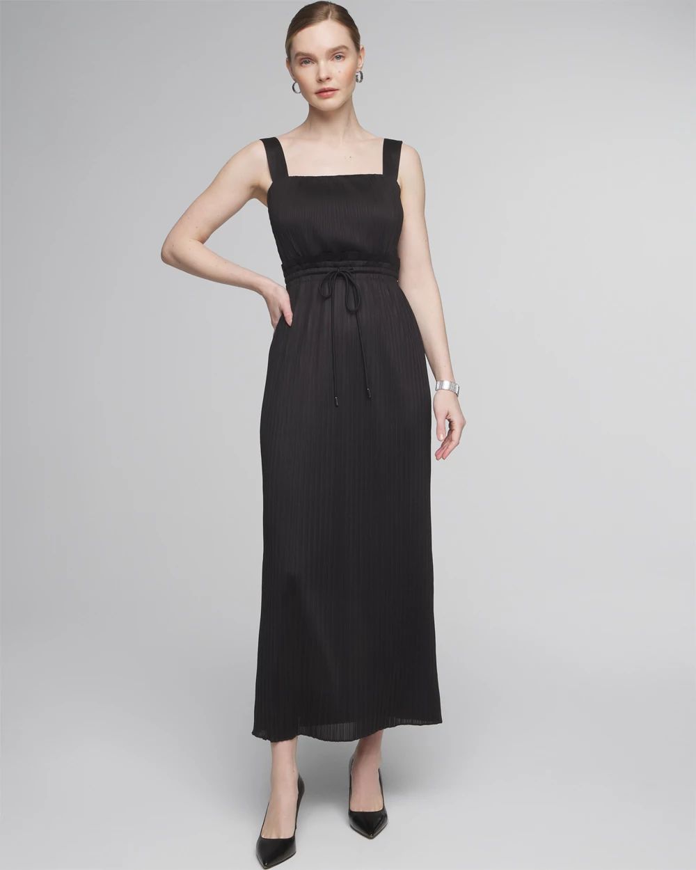 Petite Sleeveless Tie-Waist Pleated Midi Dress