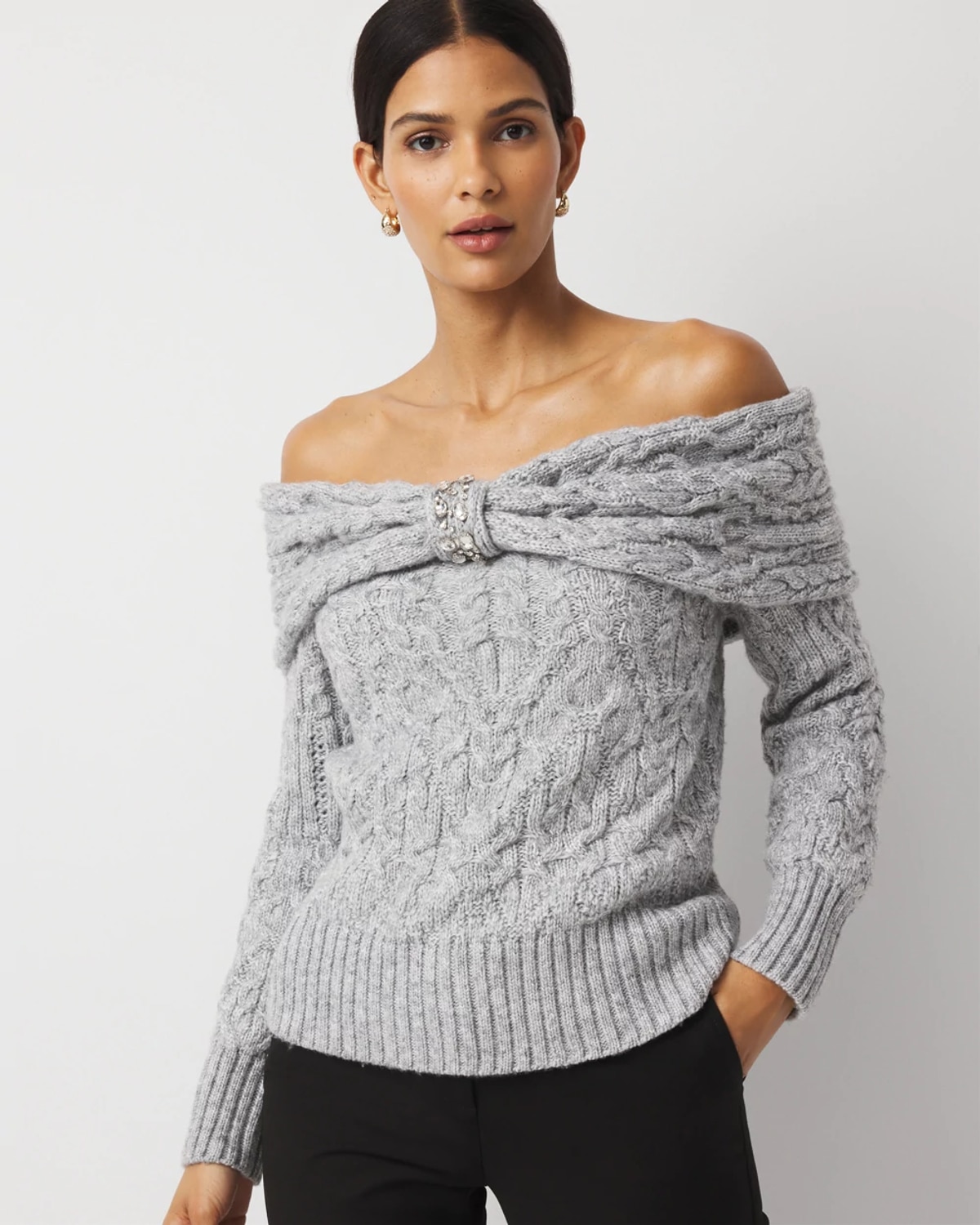 White House Black Market Off-the-shoulder Rhinestone Cable Knit Sweater In Gray