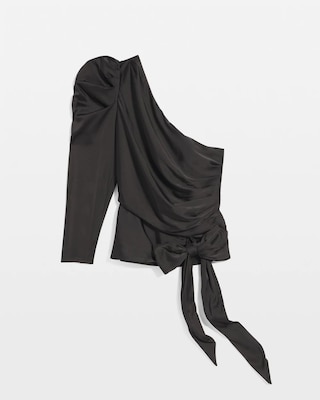 One-Shoulder Tie-Waist Satin Blouse click to view larger image.