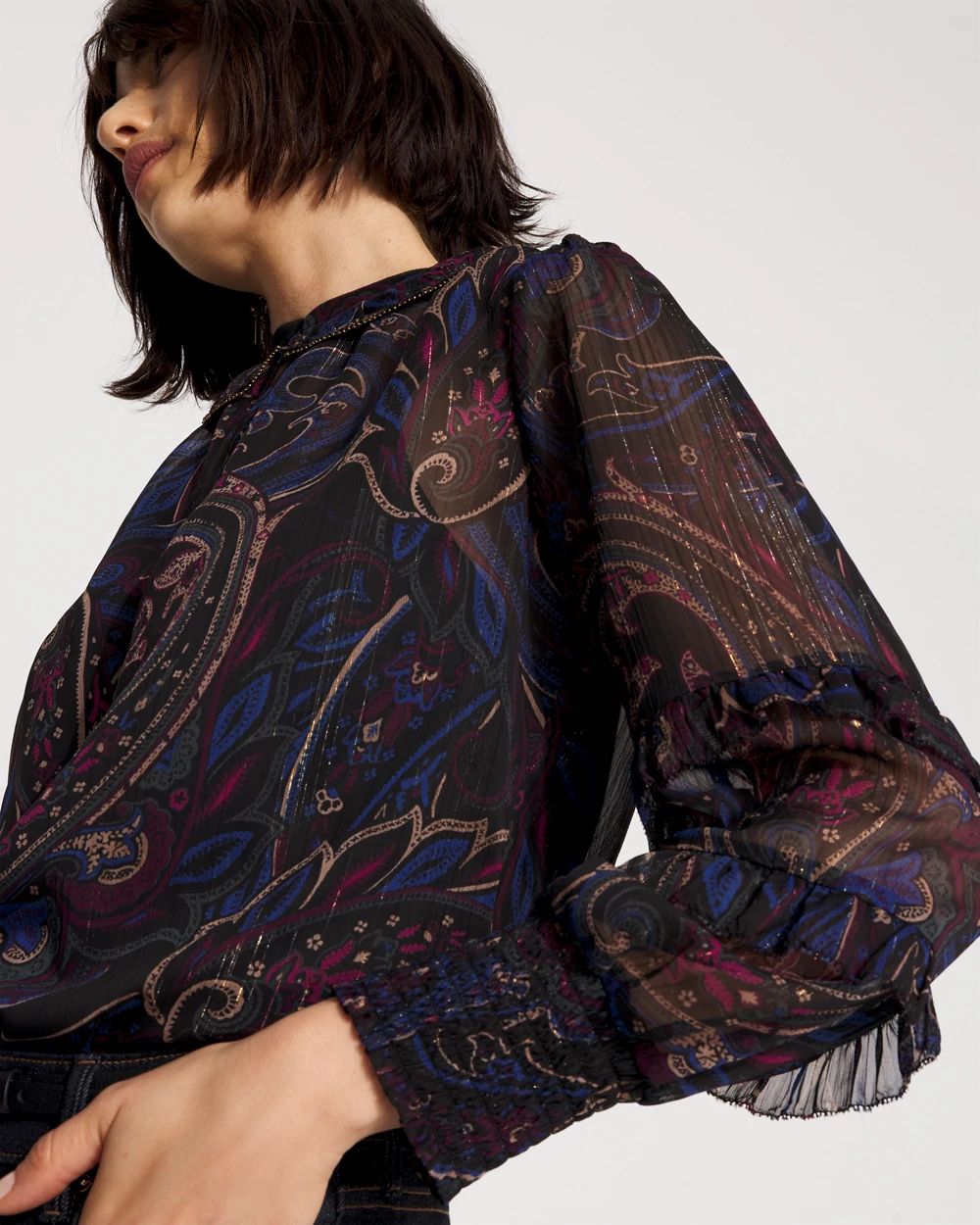 Petite Jacquard Ruffle Sleeve Chiffon Blouse
