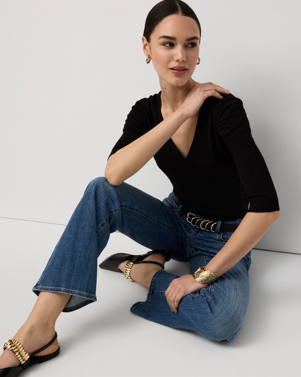 Ruched Sleeve V-neck Pullover click to view larger image.