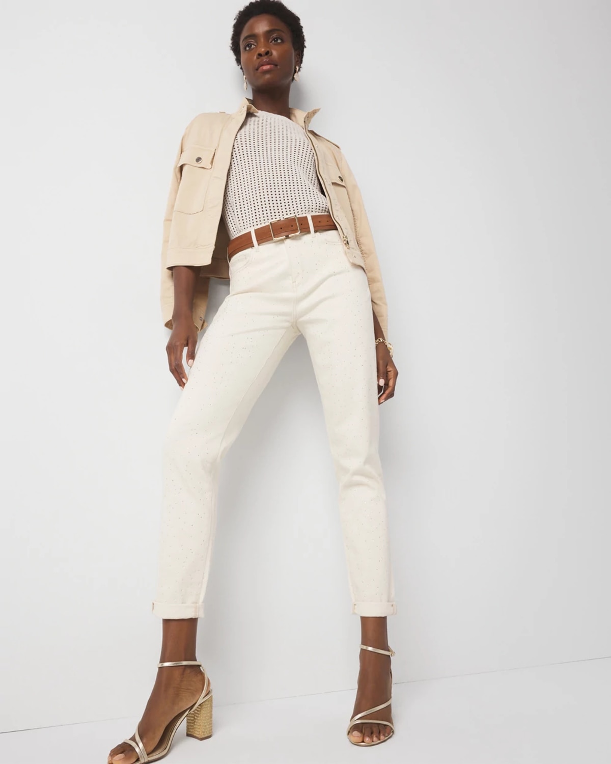White House Black Market Petite Mid-rise Embellished Girlfriend Jeans In Neutral