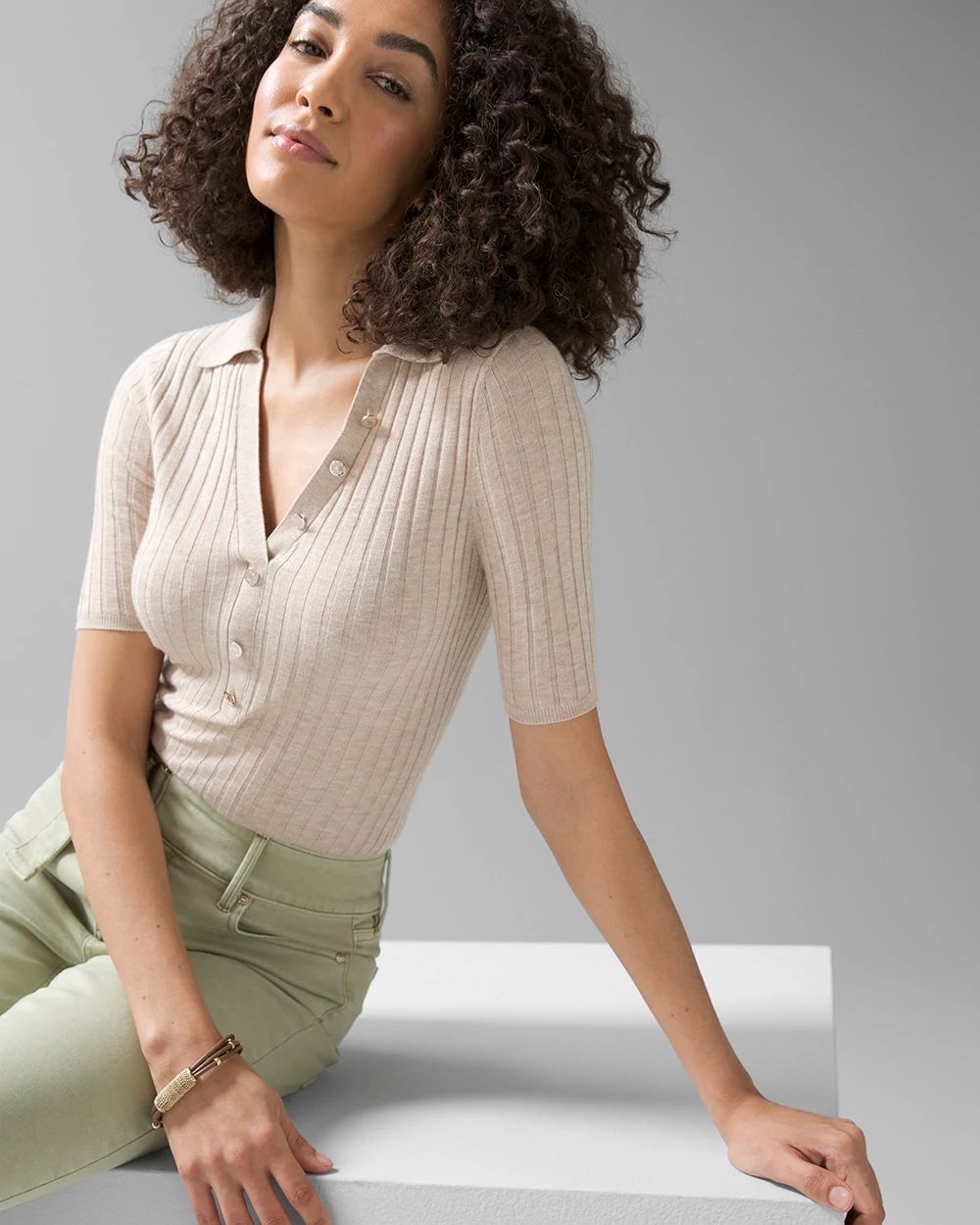 Cashmere-Blend Button Polo Sweater
