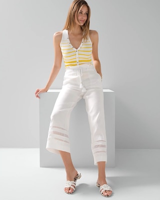 Linen-Blend Tassel-Tie Wide-Leg Crop Pants