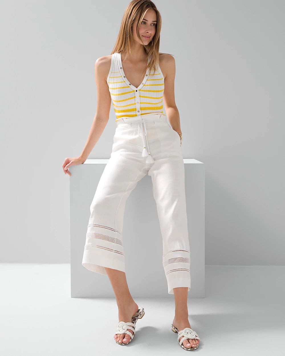 Linen-Blend Tassel-Tie Wide-Leg Crop Pants