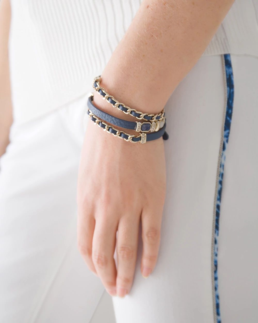 Blue Vegan Leather & Crystal Wrap Bracelet