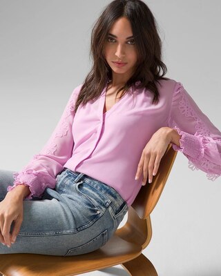 Laser Cut Ruffle Sleeve Blouse