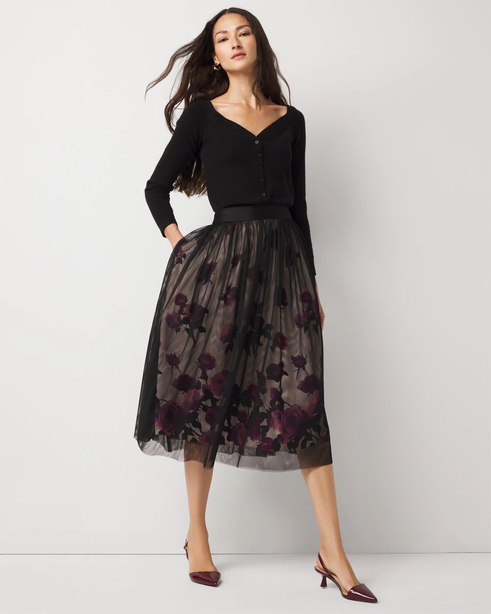 Petite Tulle Overlay Floral Midi Skirt