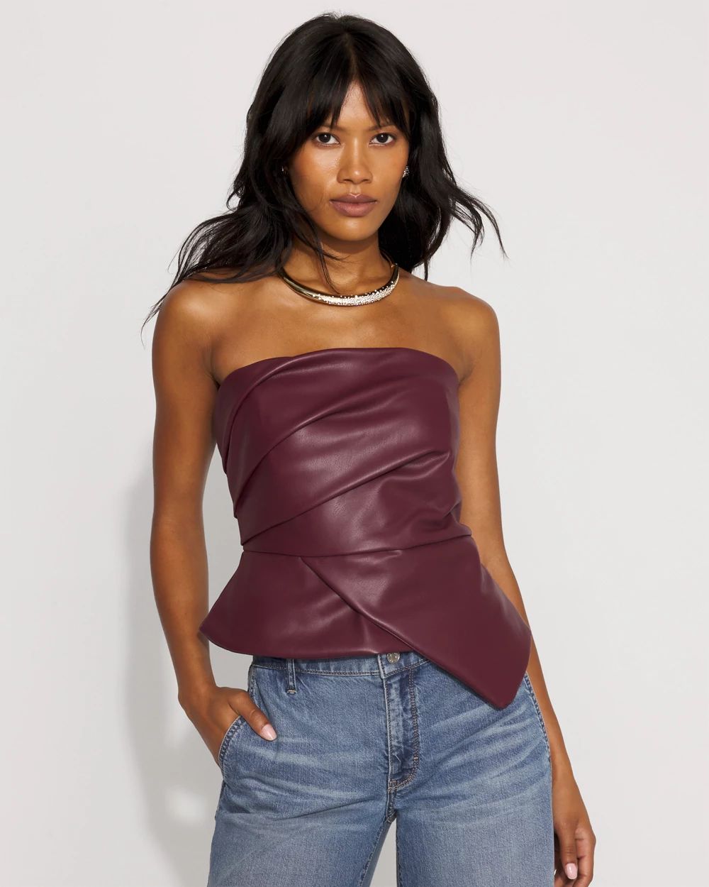Petite Draped Faux Leather Bustier