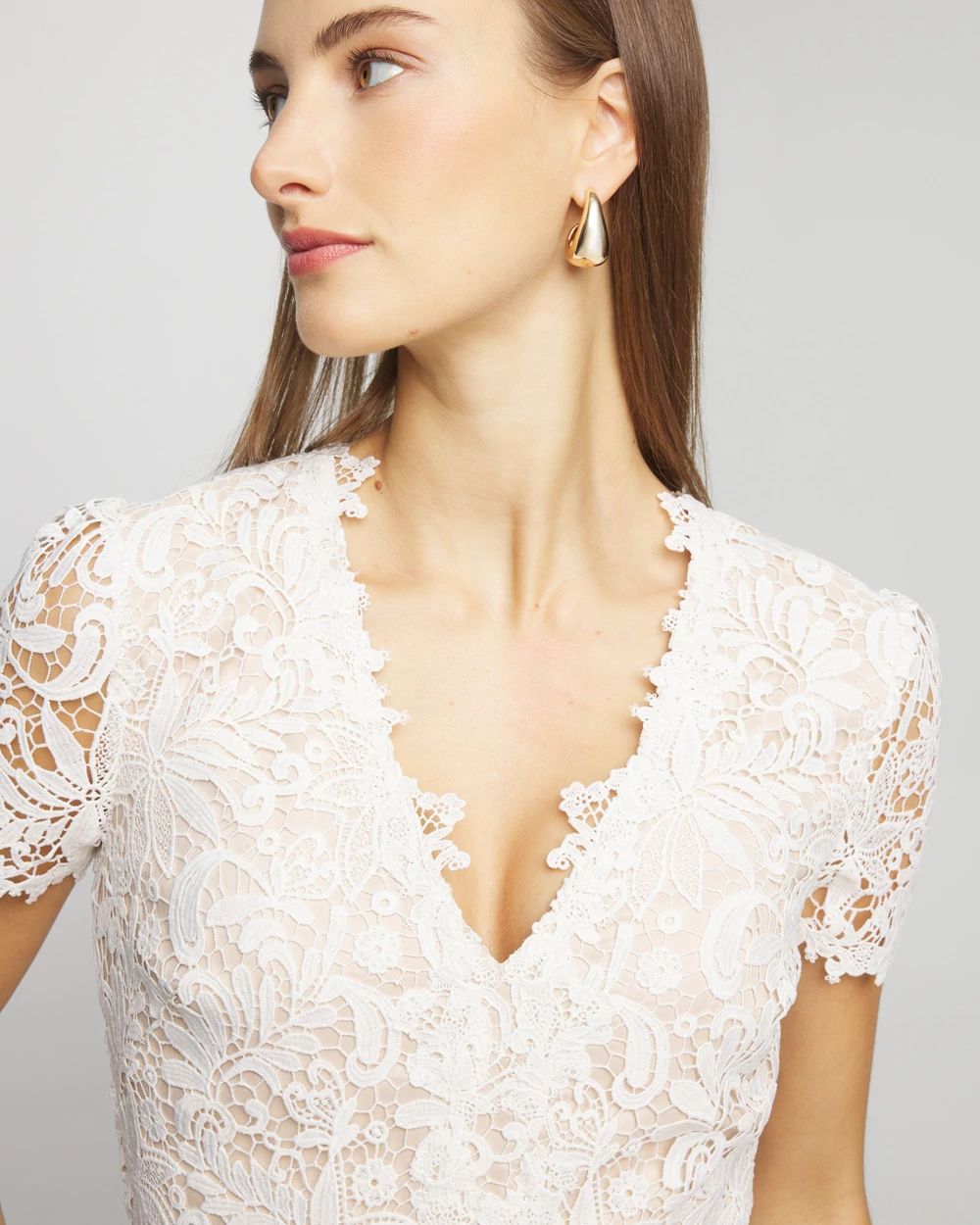 Petite Short Sleeve V-Neck Lace Sheath Dress click to view larger image.