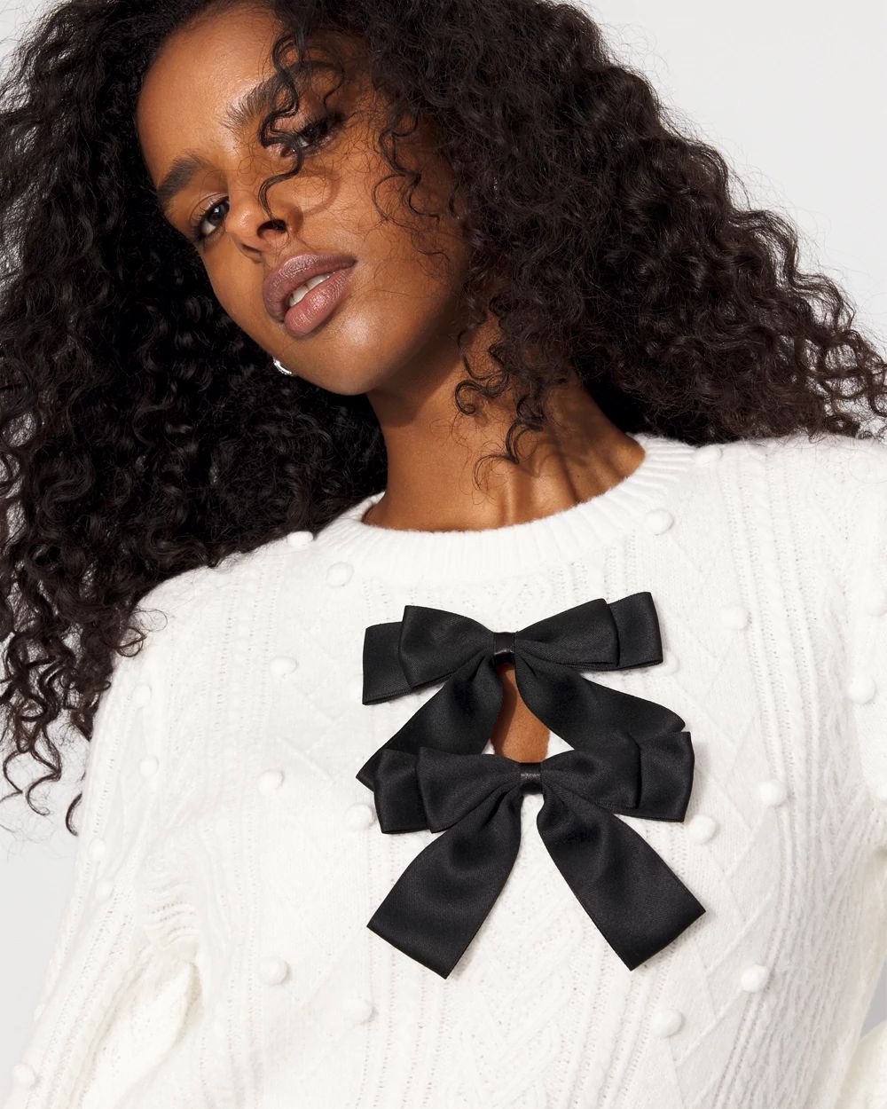 Satin Bow Cable Knit Sweater