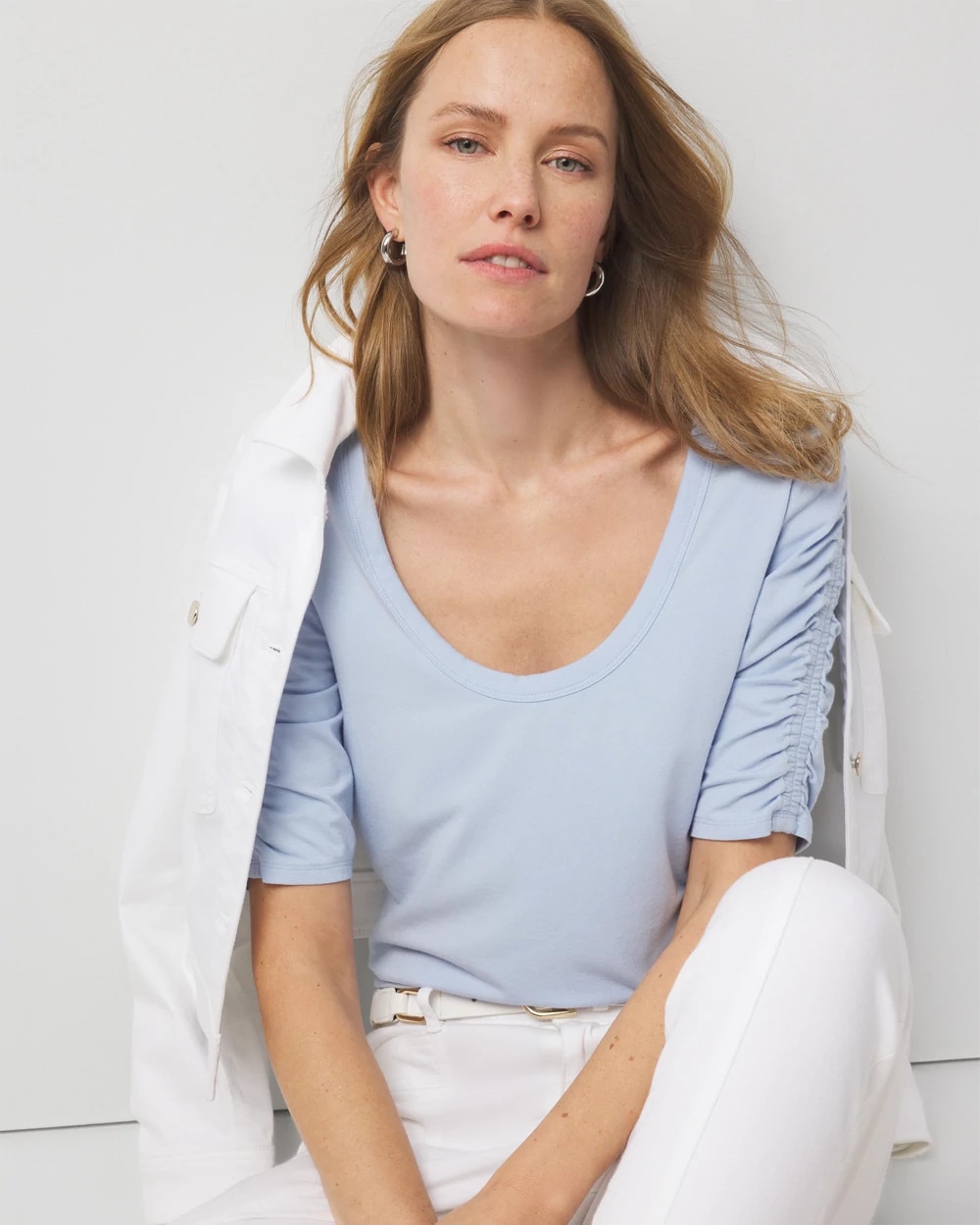 Ruched-Sleeve Scoop Neck Top