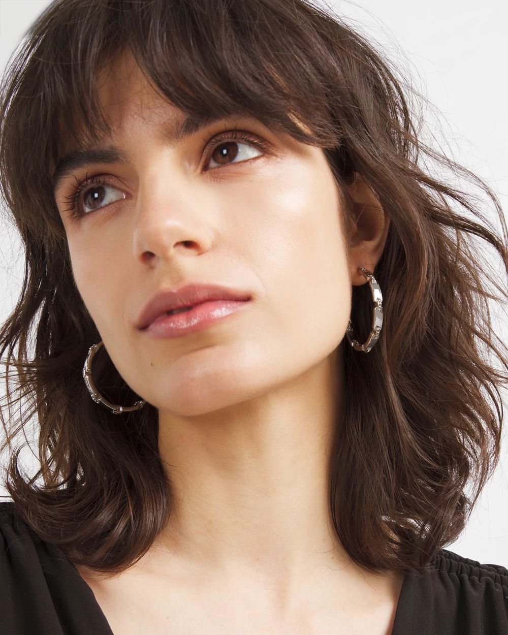 Silver Pave Link Hoop Earrings