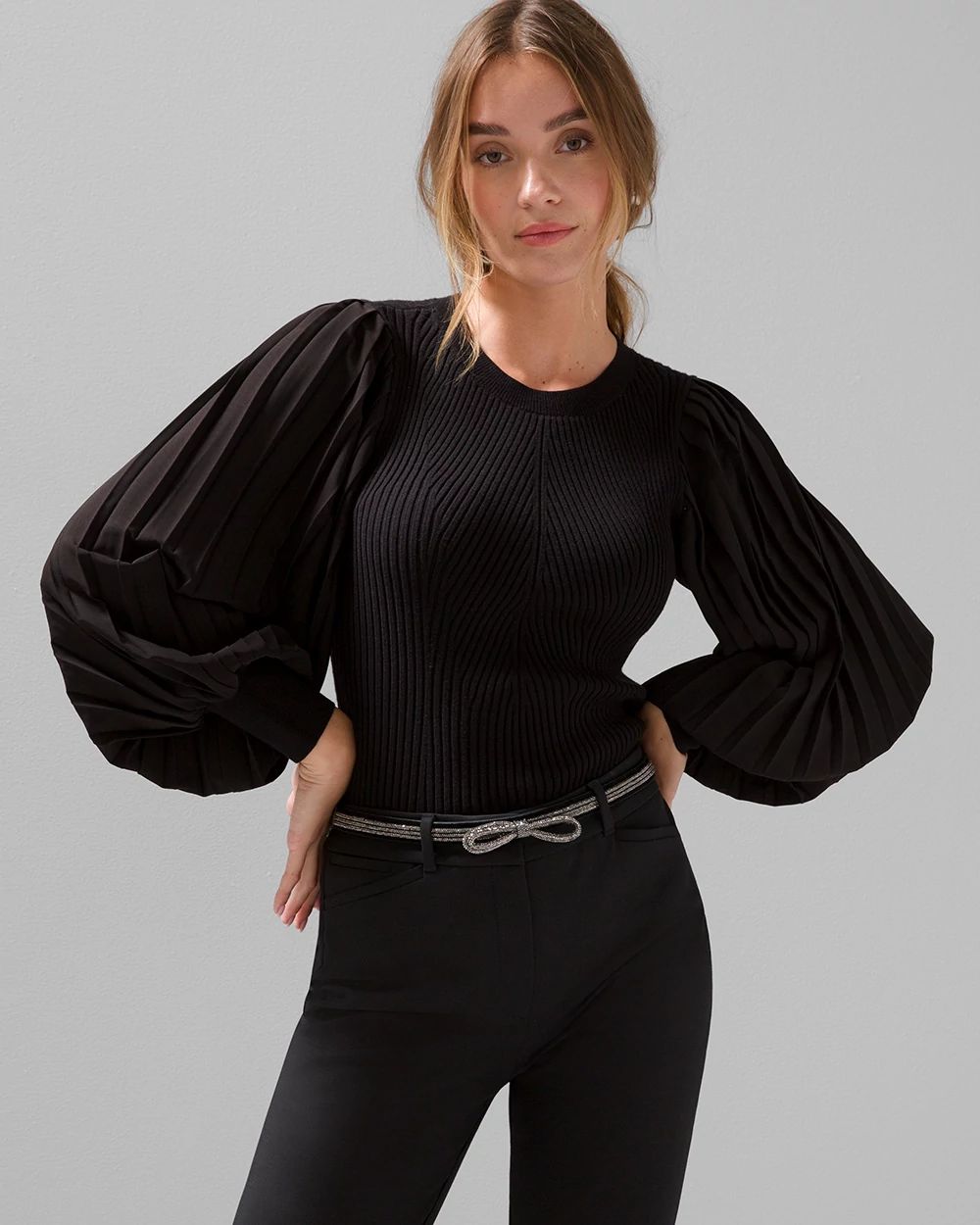 Pleated Drama Sleeve Ribbed Sweater