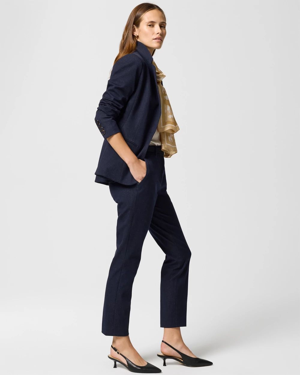 Denim-Look One-Button Blazer