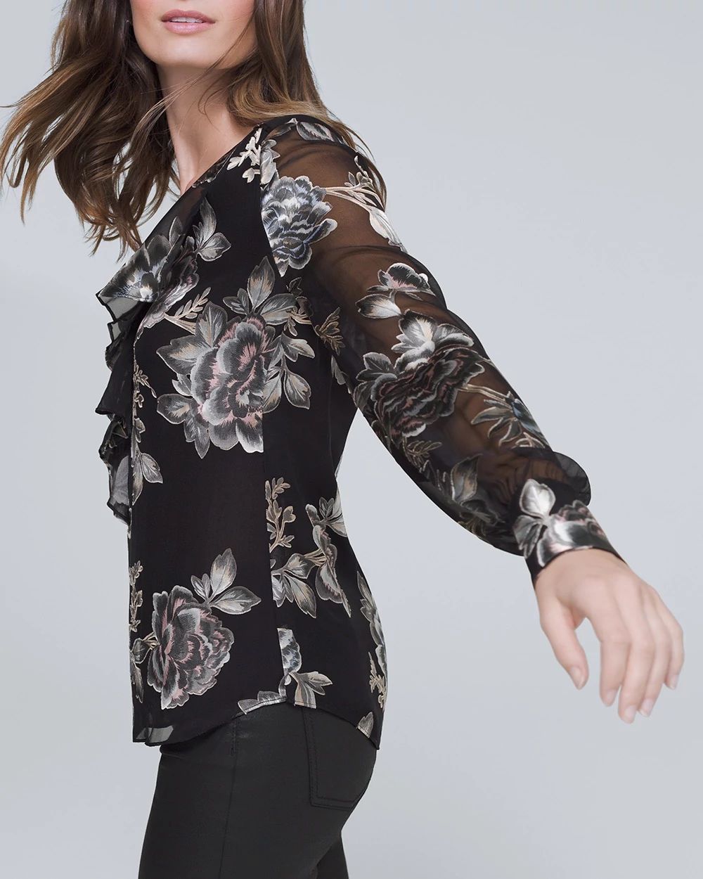 Silk-Blend Floral Burnout Blouse