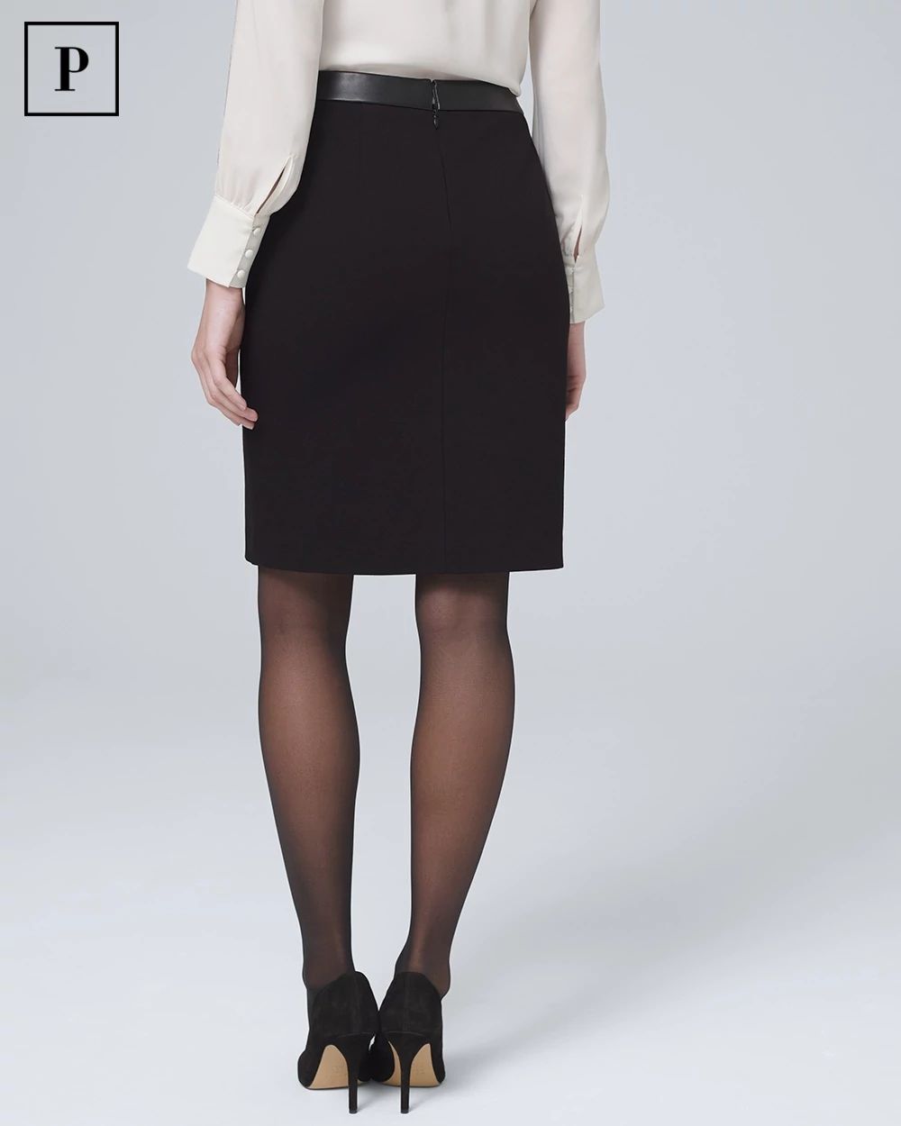 Petite Vegan Leather-Trim Ponte Pencil Skirt