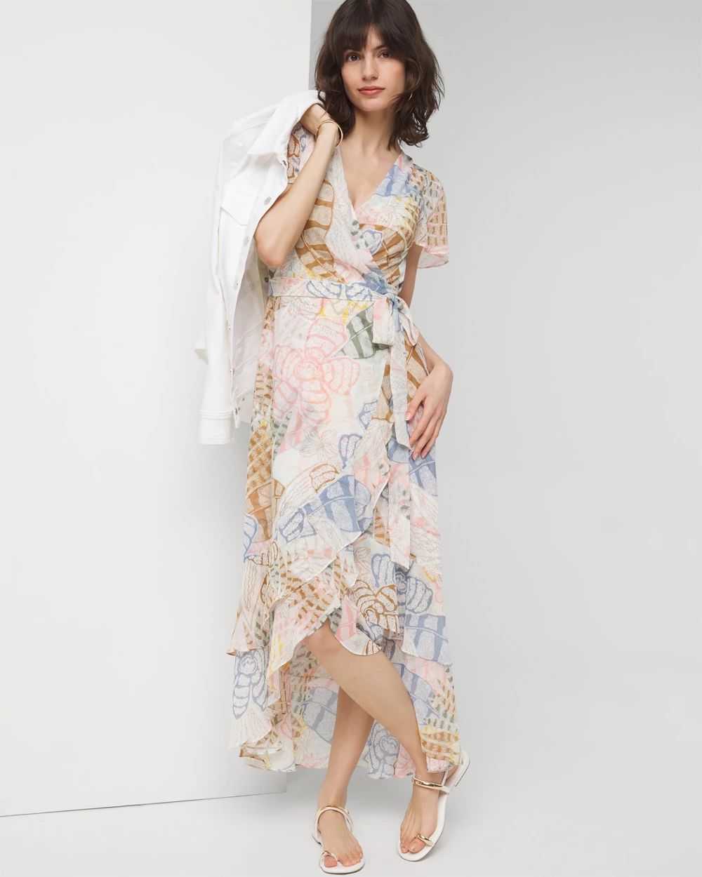 Short Sleeve Flutter Wrap Midi Dress