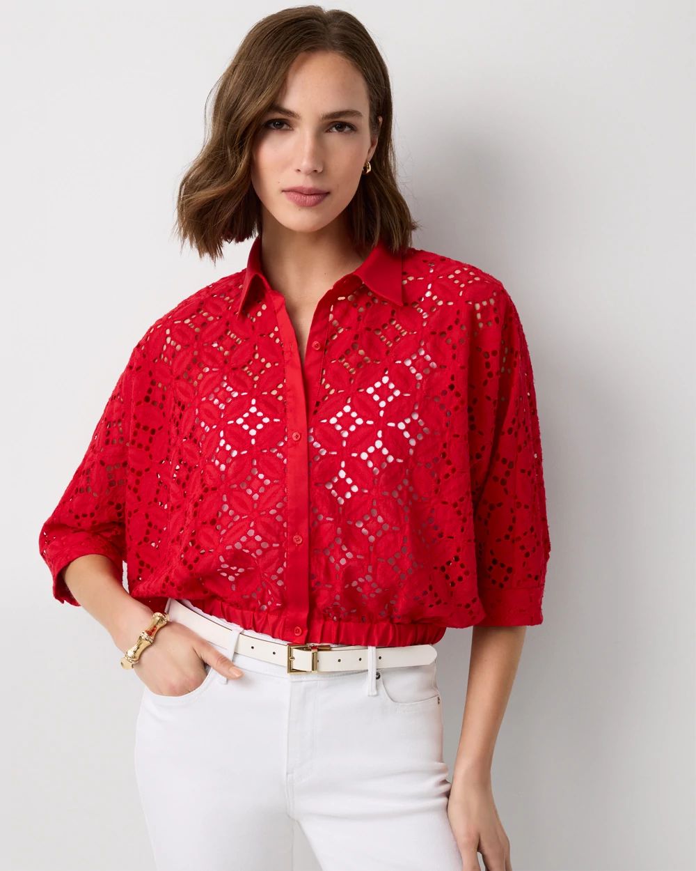 Petite Eyelet Button Front Cotton Shirt