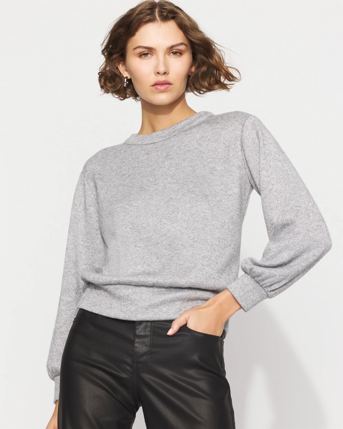 White House Black Market Lurex Puff Sleeve Snit Top In Gray