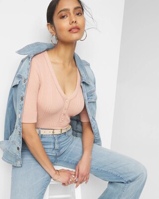 Cashmere Blend Elbow-Sleeve Henley Sweater
