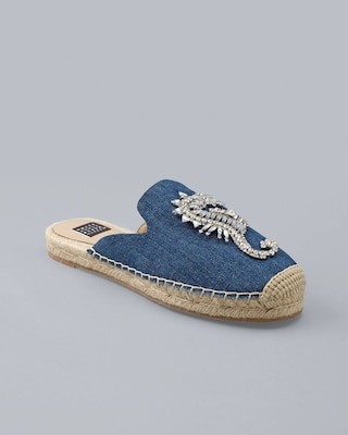 Jeweled Seahorse Denim Espadrille Slides