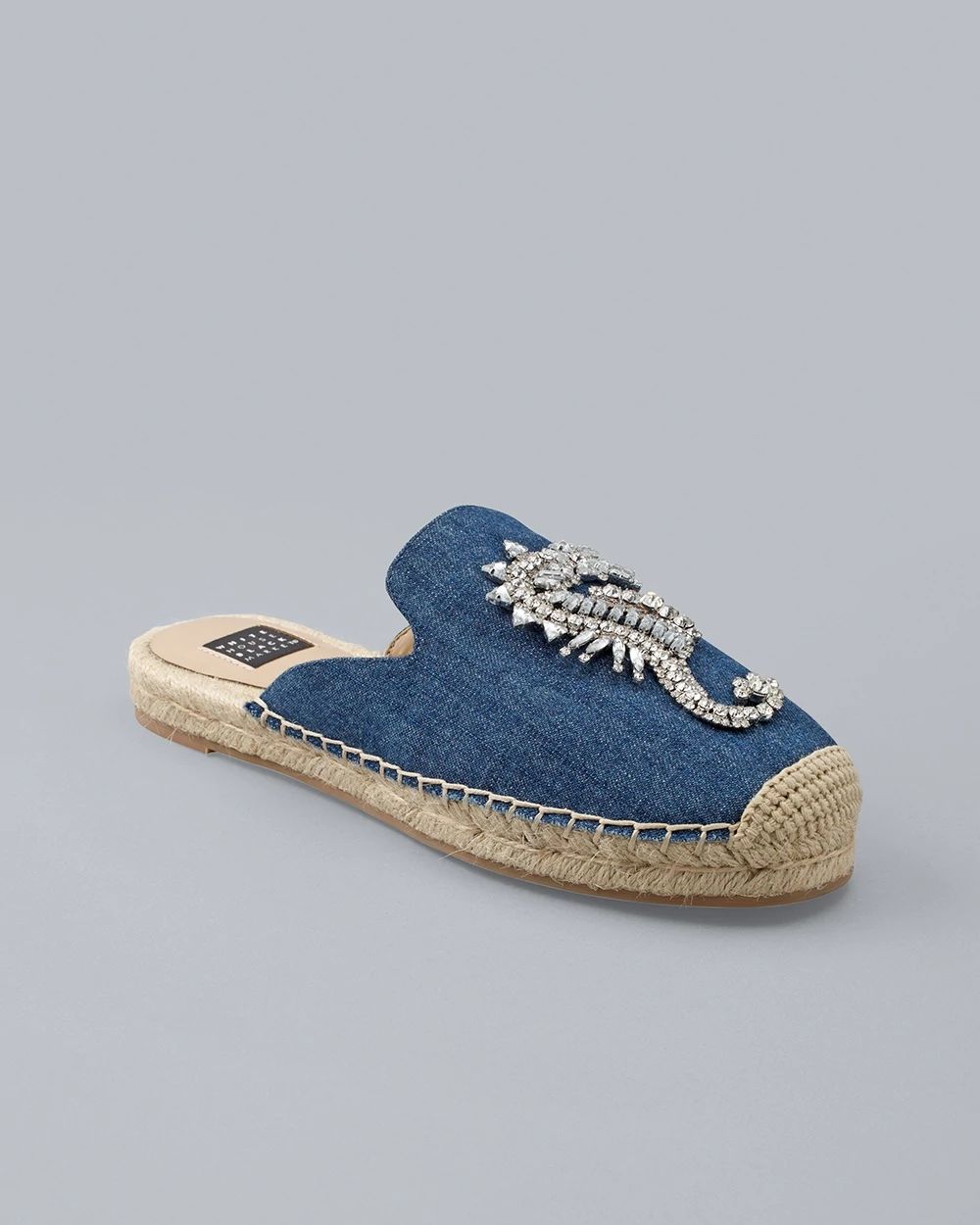 Jeweled Seahorse Denim Espadrille Slides
