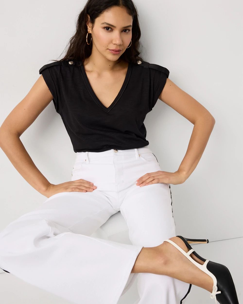 Satin Epaulet V-neck Tee click to view larger image.