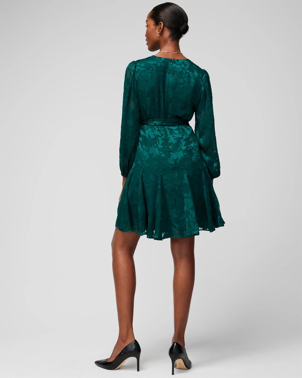 Petite Long Sleeve Burnout V-Neck Godet Dress click to view larger image.