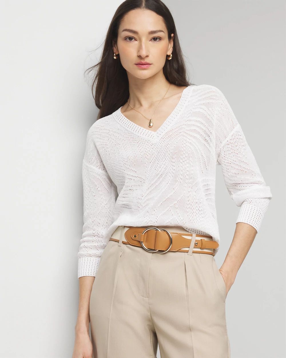 Pointelle Palms V-Neck Sweater