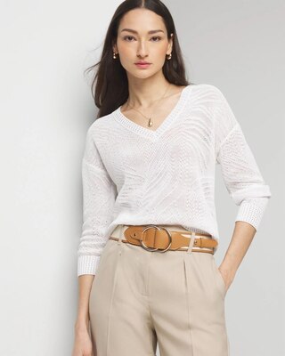 Pointelle Palms V-Neck Sweater