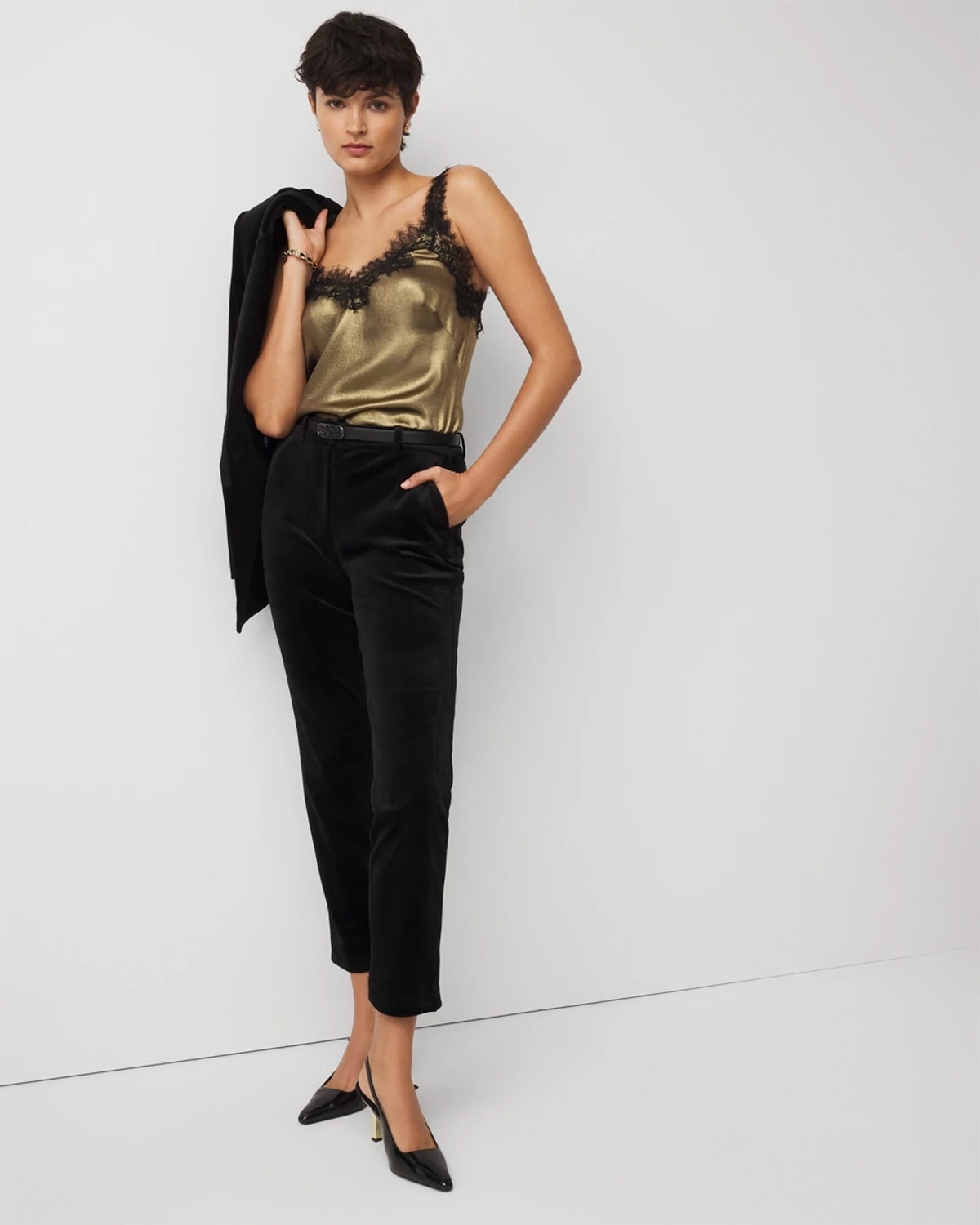 White House Black Market Petite Lace Trim Satin Camisole Top In Gold