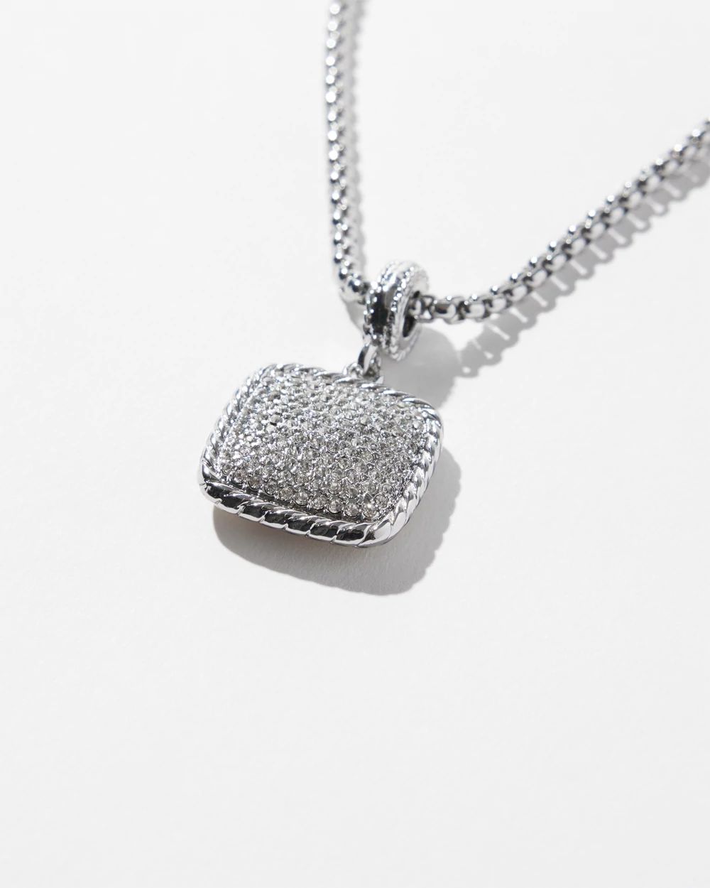 Silver Pave Square Pendant Necklace