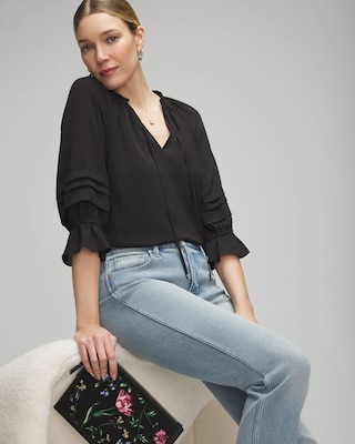Elbow Sleeve V-Neck Blouse