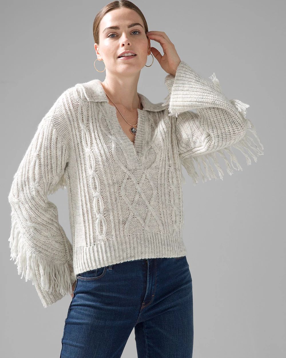 Fringe Trim Cable Knit Sweater