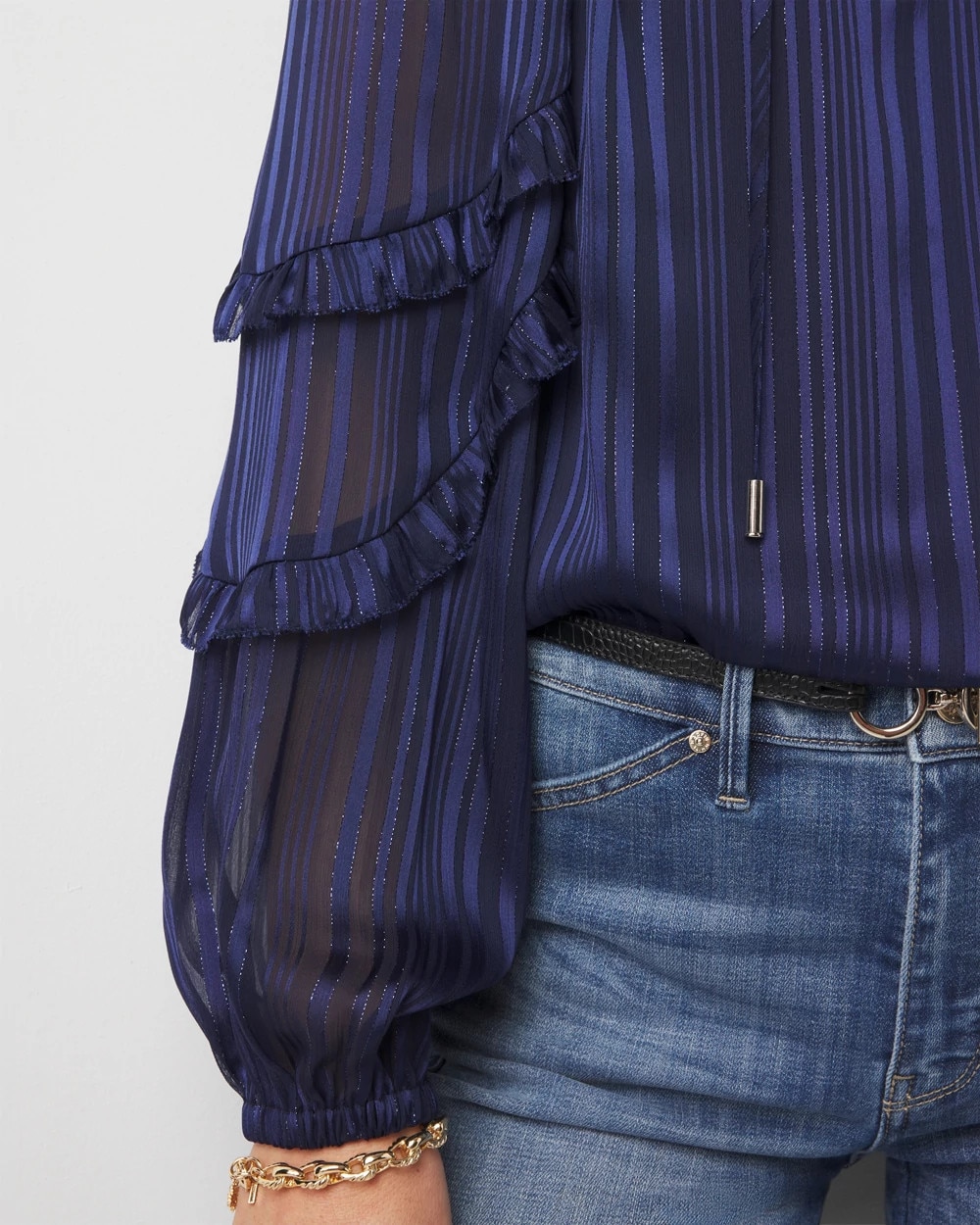 Ruffle Sleeve Sheer Striped Blouse