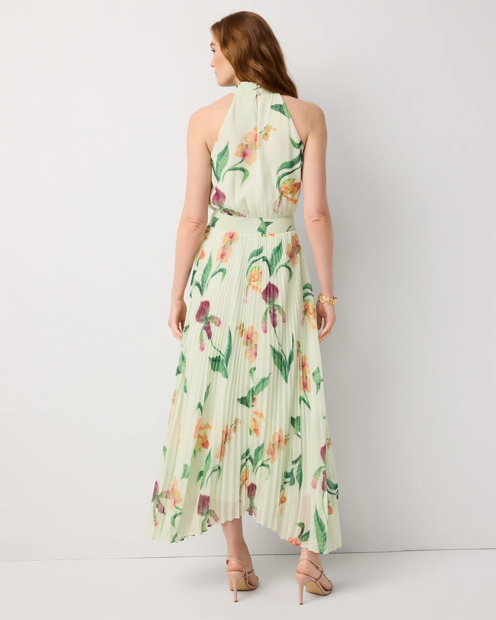 Sleeveless Pleated Halter Midi Dress