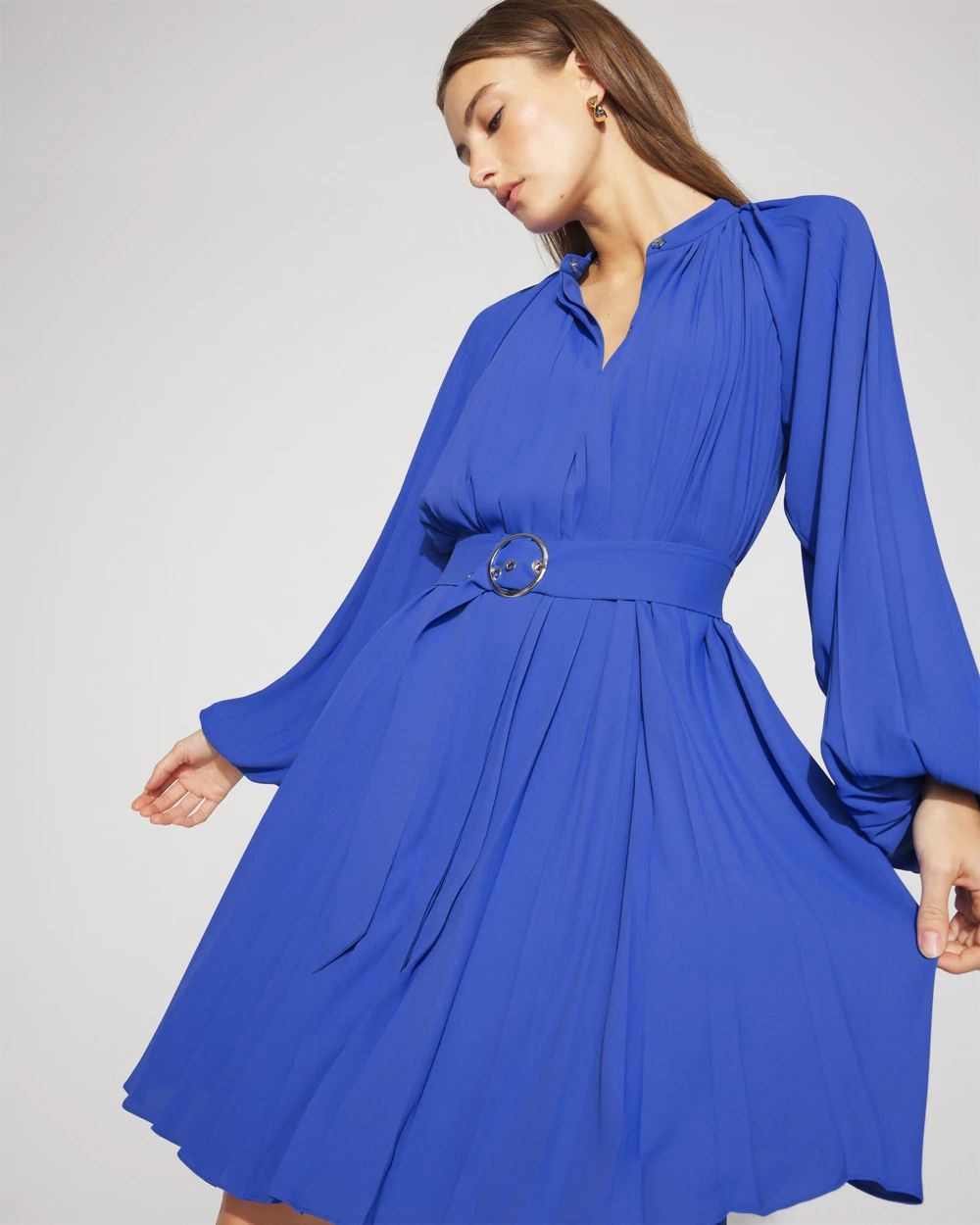 Long-Sleeve Pleated Belted Dress