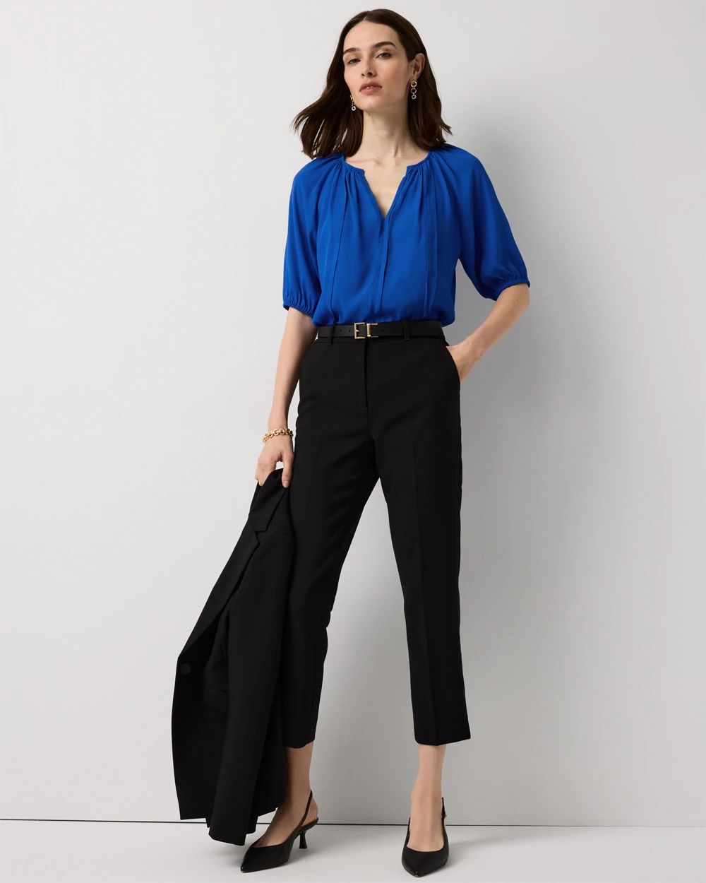 Elbow Sleeve V-neck Blouse