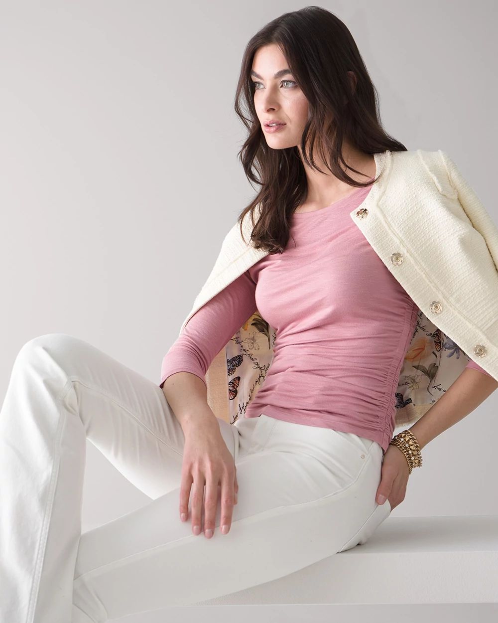 ¾ Sleeve Shirred-Side Knit Tee
