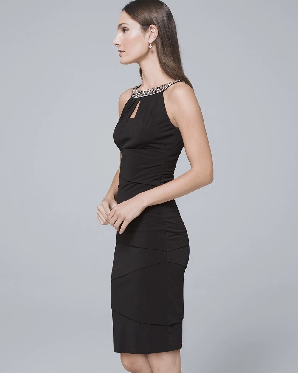 Embellished-Neck Black Instantly Slimming Sheath Dress click to view larger image.