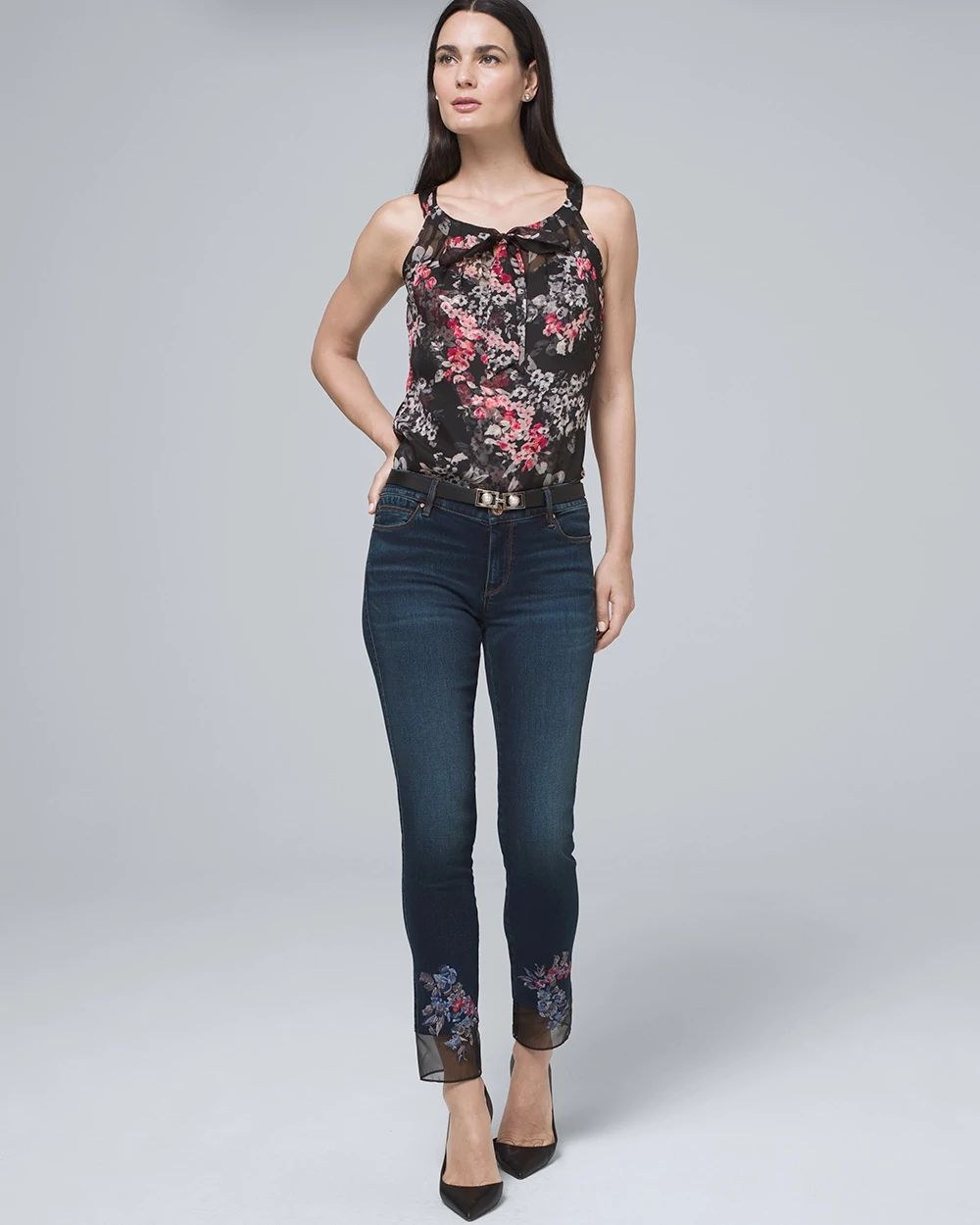 Classic-Rise Embroidered-Hem Straight Crop Jeans click to view larger image.