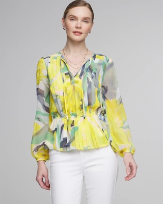 Long Sleeve V-Neck Pleated Chiffon Blouse