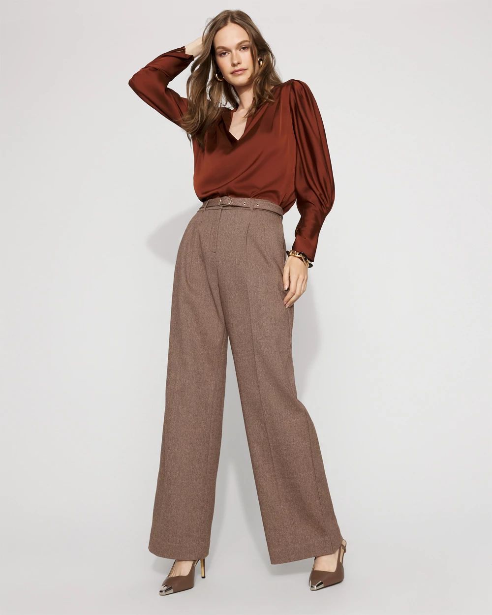 Petite Pleated Sleeve Satin Blouse