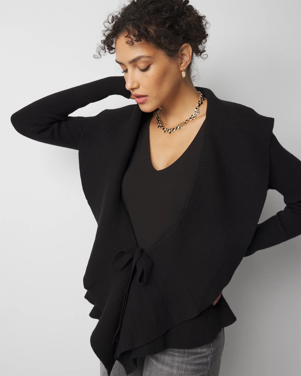 Petite Long Sleeve Open Ruffle Cardigan