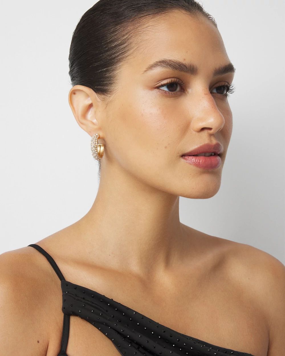 Glass Pearl Pave Huggie Hoop Earrings