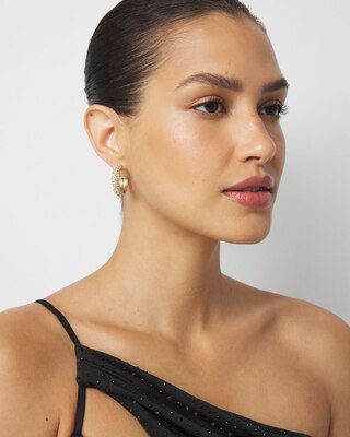 Glass Pearl Pave Huggie Hoop Earrings
